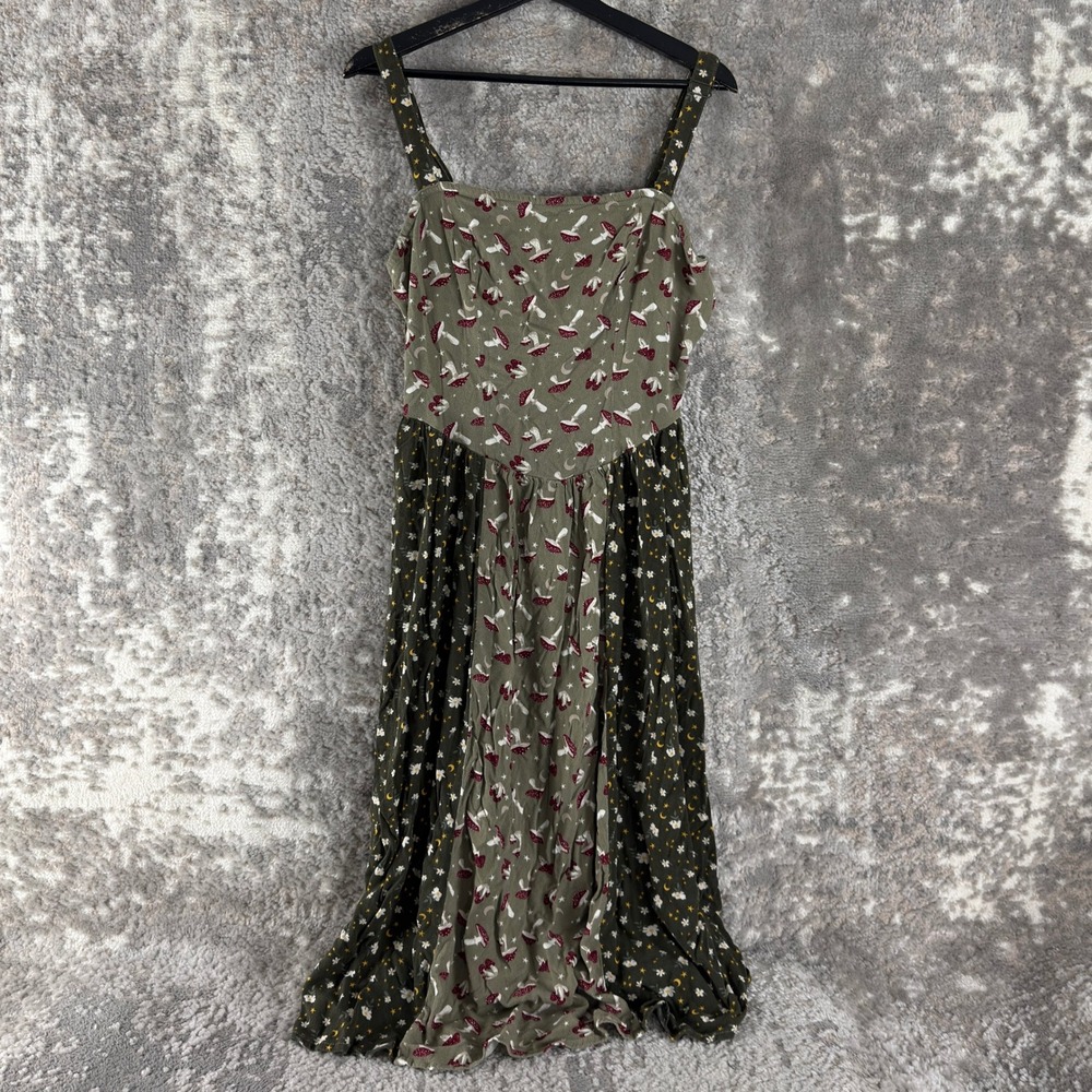 Thorn & Fable Size XL Mushroom Celestial Cottagecore Midi Dress Green Fairycore